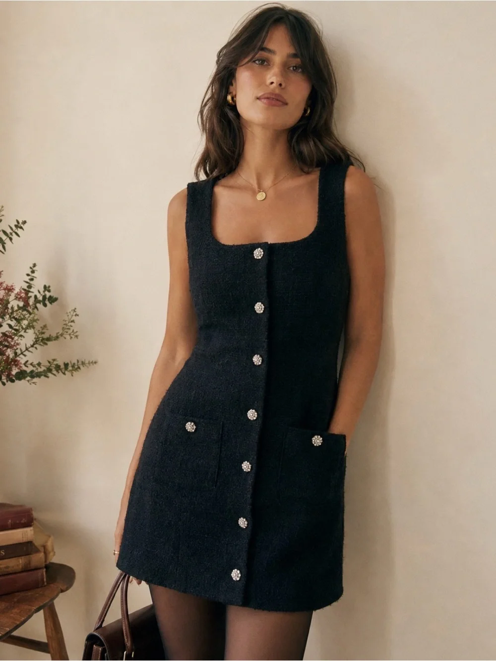 J. Crew Black Wool blend Mini Dress with silver Button Accents 12